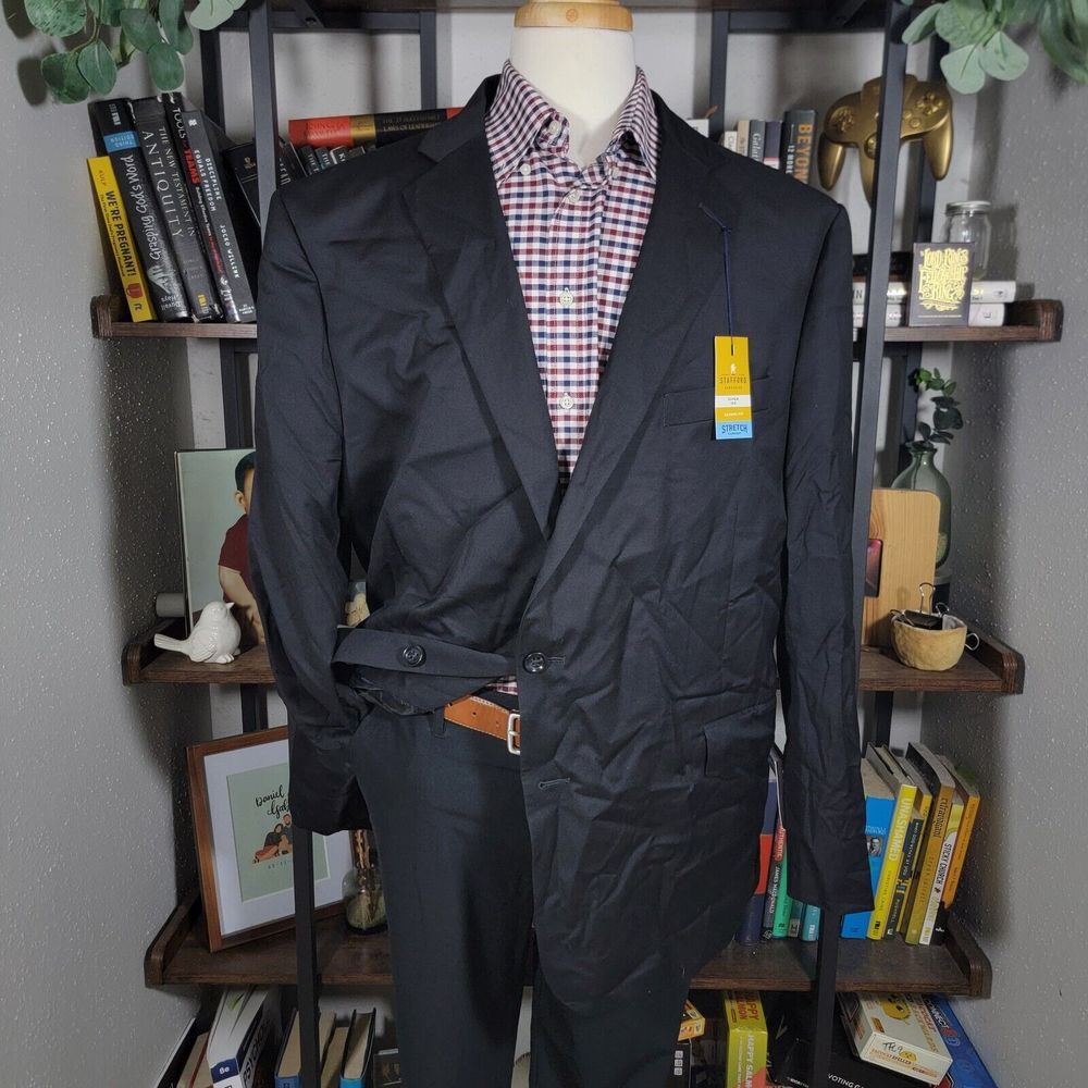 Stafford‎ Men's Sport Coat Black 100s Wool Stretch Comfort Classic Size 44R NEW